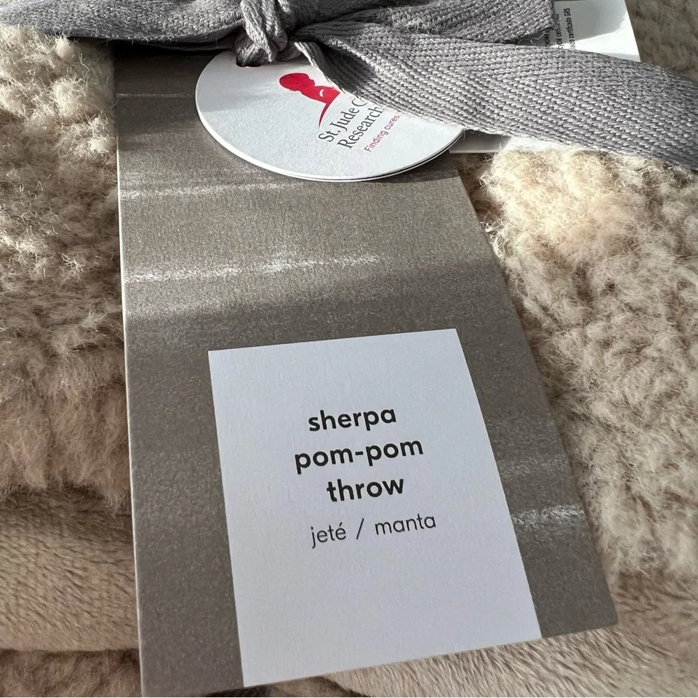 WEST ELM Cozy Sherpa Pom Pom Throw Blanket SABLE 47x60 NWT